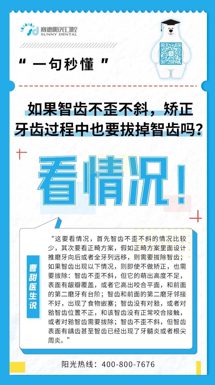 曹甜医生 | 如果智齿不歪不斜，矫正中也要拔掉吗？；【一句秒懂】智齿如果听话，矫正能不能留它一条“命”……